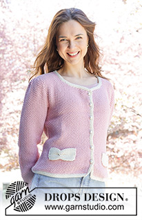 Jacqueline Cardigan / DROPS 250-29 - Strikket jakke i 2 tråder DROPS Safran eller 1 tråd DROPS Paris. Arbeidet strikkes nedenfra og opp med perlestrikk, isydde puffermer og lommer. Størrelse S - XXXL. Tema: Kirsebærblomst