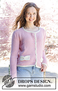 Jacqueline Cardigan / DROPS 250-29 - Strikket jakke i 2 tråder DROPS Safran eller 1 tråd DROPS Paris. Arbeidet strikkes nedenfra og opp med perlestrikk, isydde puffermer og lommer. Størrelse S - XXXL. Tema: Kirsebærblomst