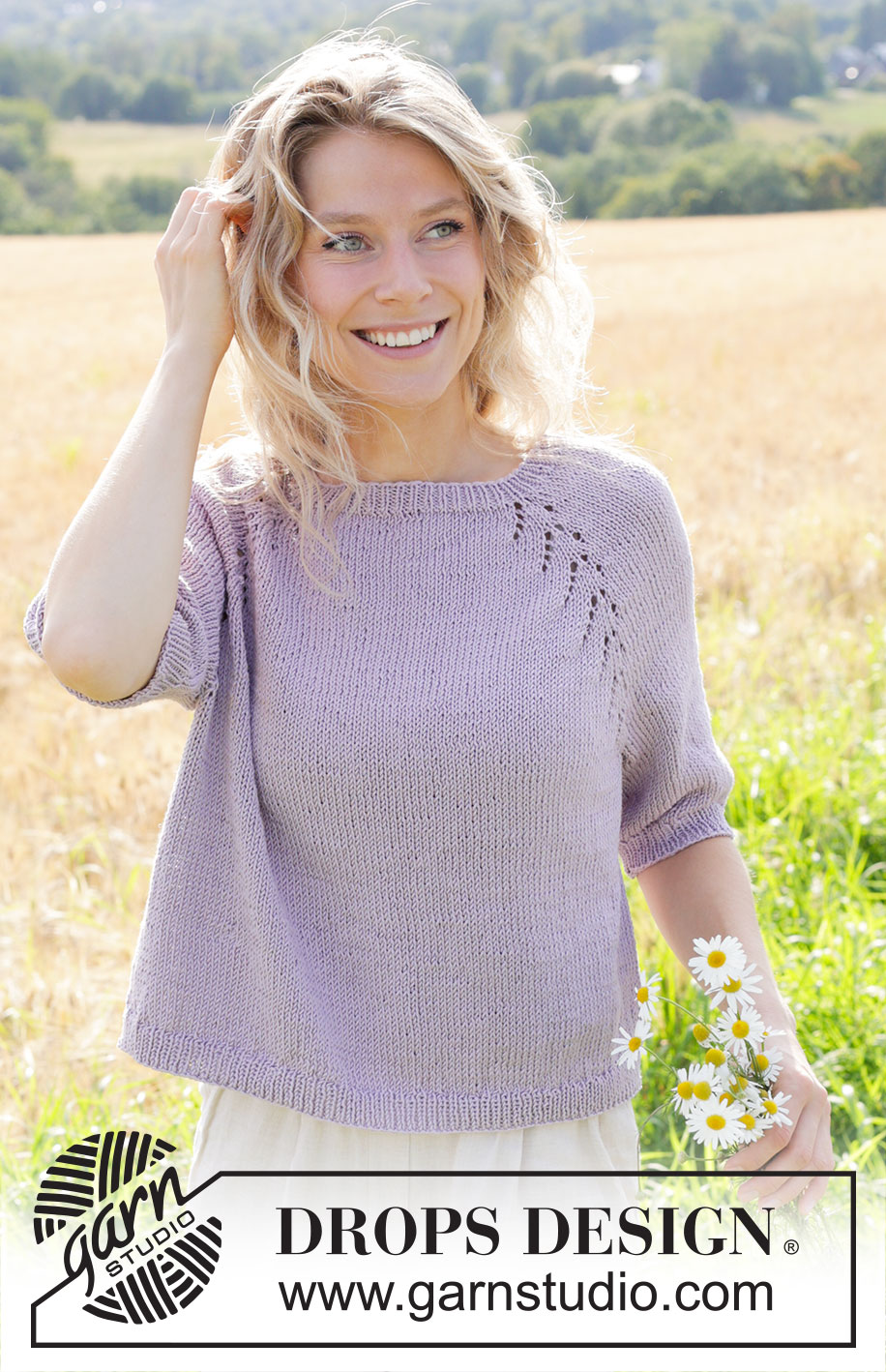 Orchid Tea / DROPS 250-3 - Knitted jumper in DROPS Muskat. The piece is worked top down with raglan, lace pattern and short sleeves. Sizes S - XXXL.