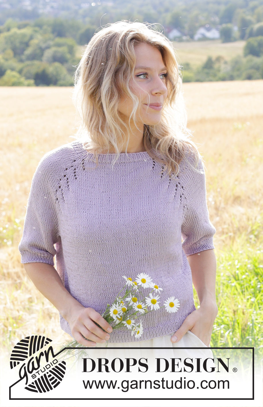 Orchid Tea / DROPS 250-3 - Knitted jumper in DROPS Muskat. The piece is worked top down with raglan, lace pattern and short sleeves. Sizes S - XXXL.