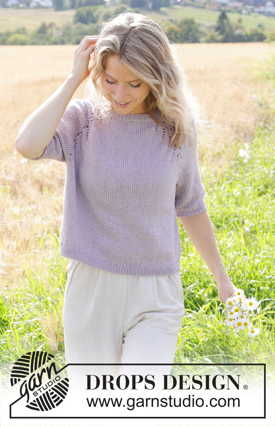 Orchid Tea / DROPS 250-3 - Knitted jumper in DROPS Muskat. The piece is worked top down with raglan, lace pattern and short sleeves. Sizes S - XXXL.