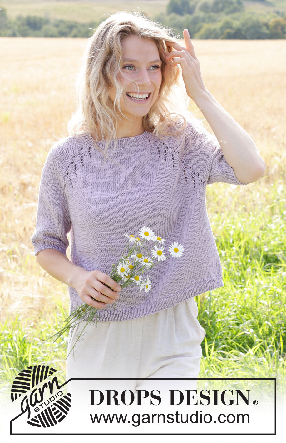Orchid Tea / DROPS 250-3 - Knitted jumper in DROPS Muskat. The piece is worked top down with raglan, lace pattern and short sleeves. Sizes S - XXXL.