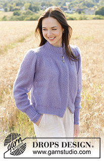 Violet Falls Cardigan / DROPS 250-30 - Strikket cardigan i 2 tråde DROPS Kid-Silk. Arbejdet strikkes nedefra og op med isyede pufærmer og dobbelt halskant. Størrelse S - XXXL.