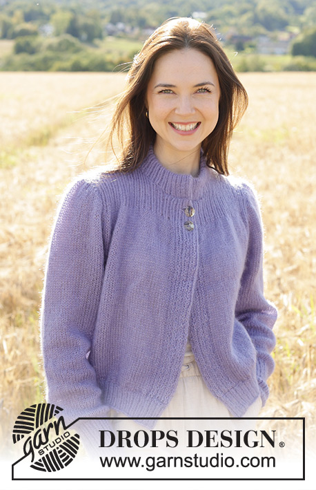 Violet Falls Cardigan / DROPS 250-30 - Strikket cardigan i 2 tråde DROPS Kid-Silk. Arbejdet strikkes nedefra og op med isyede pufærmer og dobbelt halskant. Størrelse S - XXXL.
