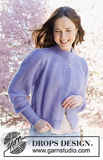 Violet Falls Cardigan / DROPS 250-30 - Strikket cardigan i 2 tråde DROPS Kid-Silk. Arbejdet strikkes nedefra og op med isyede pufærmer og dobbelt halskant. Størrelse S - XXXL.