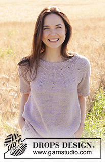 Sunny Lavender / DROPS 250-31 - Strikket top i 2 tråde DROPS Safran. Arbejdet strikkes oppefra og ned med rundt bærestykke, reliefmønster og korte ærmer. Størrelse S - XXXL.