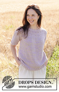 Sunny Lavender / DROPS 250-31 - Strikket top i 2 tråde DROPS Safran. Arbejdet strikkes oppefra og ned med rundt bærestykke, reliefmønster og korte ærmer. Størrelse S - XXXL.