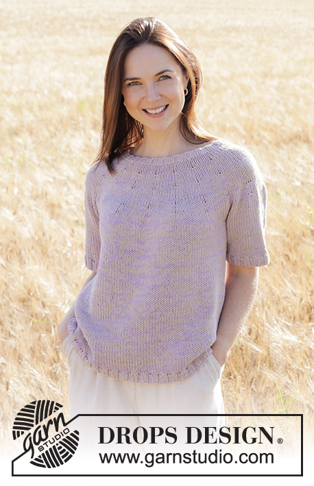 Sunny Lavender / DROPS 250-31 - Strikket top i 2 tråde DROPS Safran. Arbejdet strikkes oppefra og ned med rundt bærestykke, reliefmønster og korte ærmer. Størrelse S - XXXL.