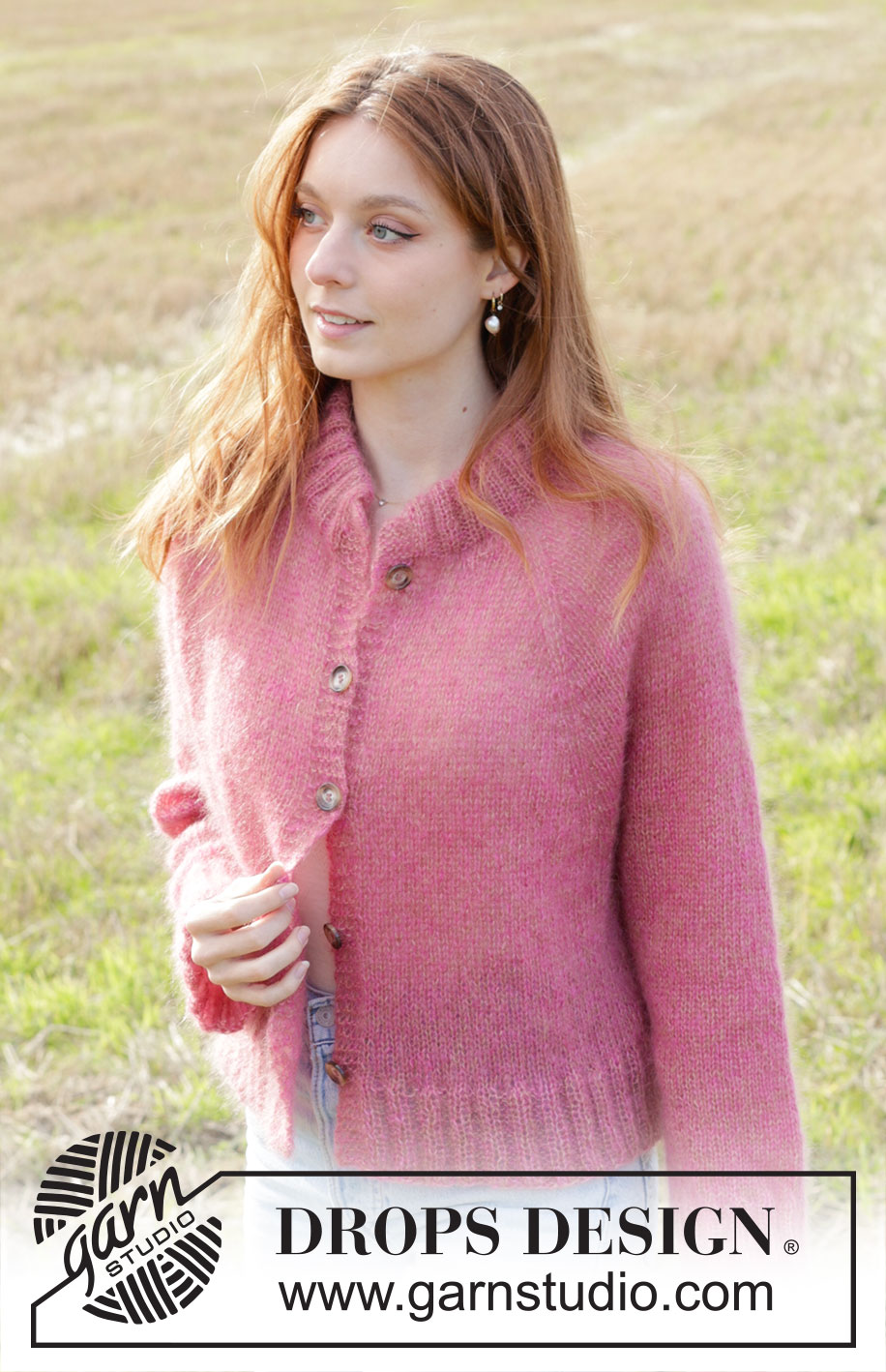 Strawberry Haze Cardigan / DROPS 250-34 - Raglánový propínací svetr pletený shora dolů dvojitou přízí DROPS Kid-Silk. Velikost: S - XXXL.