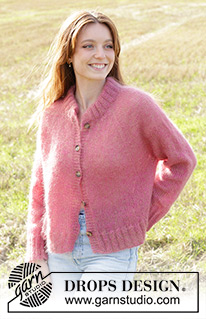 Strawberry Haze Cardigan / DROPS 250-34 - Raglánový propínací svetr pletený shora dolů dvojitou přízí DROPS Kid-Silk. Velikost: S - XXXL.