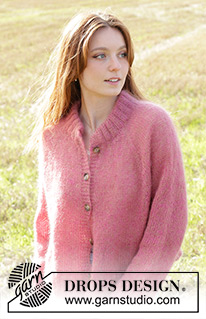 Strawberry Haze Cardigan / DROPS 250-34 - Raglánový propínací svetr pletený shora dolů dvojitou přízí DROPS Kid-Silk. Velikost: S - XXXL.
