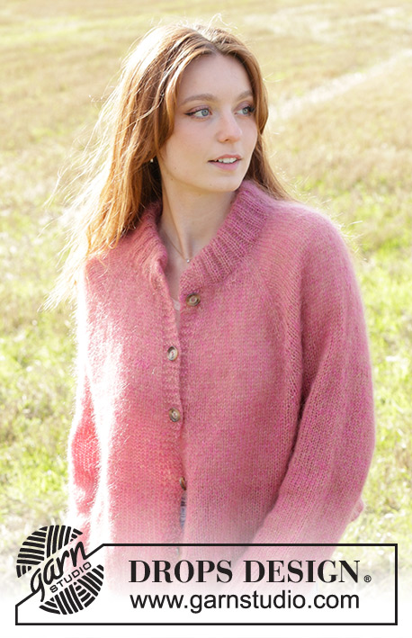 Strawberry Haze Cardigan / DROPS 250-34 - Raglánový propínací svetr pletený shora dolů dvojitou přízí DROPS Kid-Silk. Velikost: S - XXXL.
