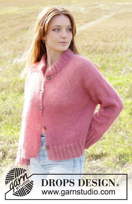 Strawberry Haze Cardigan / DROPS 250-34 - Raglánový propínací svetr pletený shora dolů dvojitou přízí DROPS Kid-Silk. Velikost: S - XXXL.