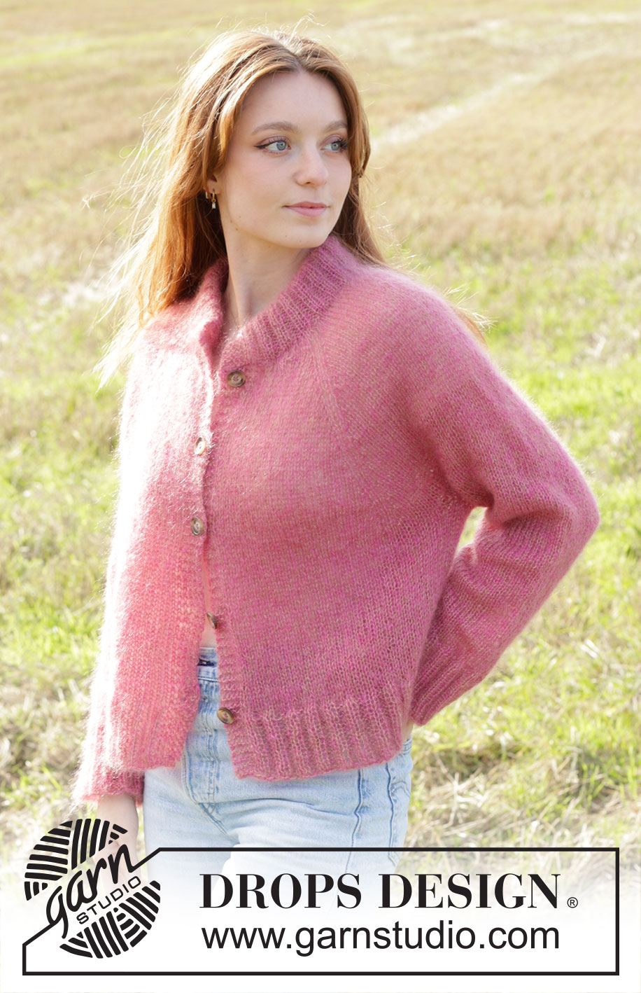 Strawberry Haze Cardigan / DROPS 250-34 - Raglánový propínací svetr pletený shora dolů dvojitou přízí DROPS Kid-Silk. Velikost: S - XXXL.