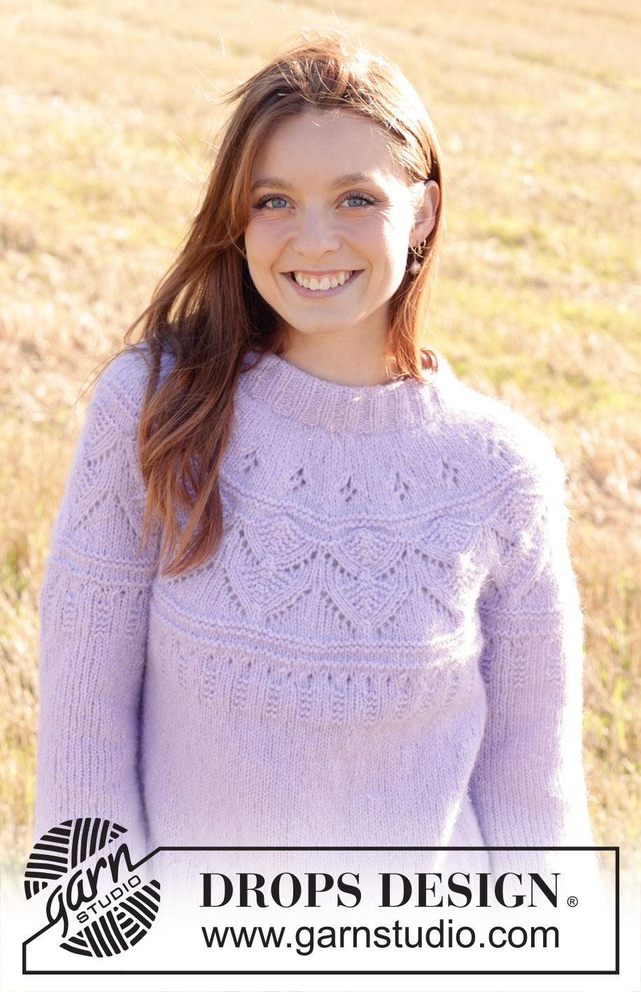 Lavender Harvest / DROPS 250-35 - Knitted jumper in DROPS Air. Piece is knitted top down with double neck edge, round yoke and lace pattern. Size: S - XXXL
