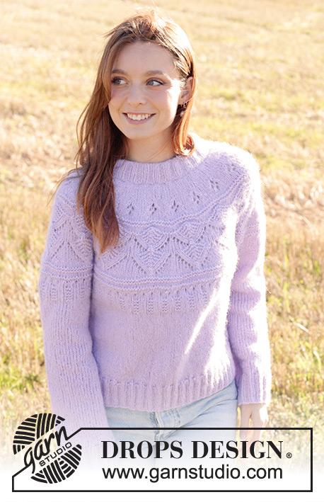 Lavender Harvest / DROPS 250-35 - Knitted jumper in DROPS Air. Piece is knitted top down with double neck edge, round yoke and lace pattern. Size: S - XXXL