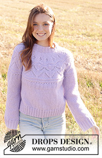 Lavender Harvest / DROPS 250-35 - Knitted jumper in DROPS Air. Piece is knitted top down with double neck edge, round yoke and lace pattern. Size: S - XXXL