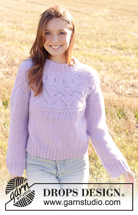 Lavender Harvest / DROPS 250-35 - Knitted jumper in DROPS Air. Piece is knitted top down with double neck edge, round yoke and lace pattern. Size: S - XXXL