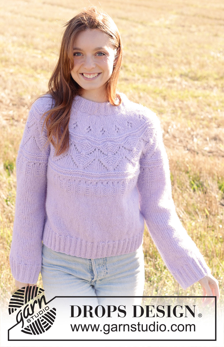Lavender Harvest / DROPS 250-35 - Knitted jumper in DROPS Air. Piece is knitted top down with double neck edge, round yoke and lace pattern. Size: S - XXXL