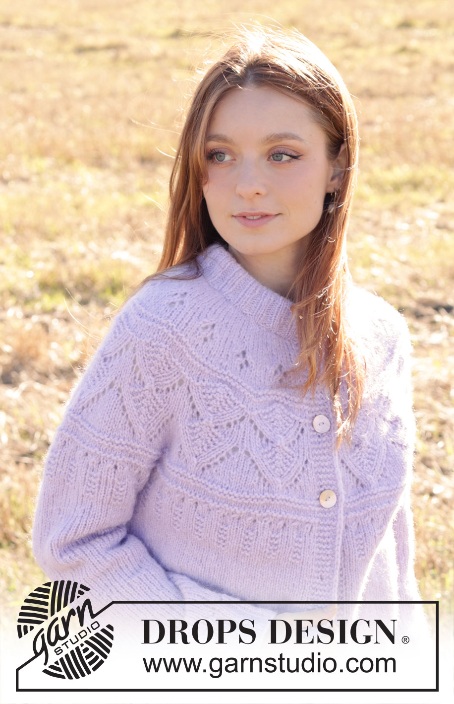 Lavender Harvest Cardigan / DROPS 250-36 - Knitted jacket in DROPS Air. The piece is worked top down with double neck, round yoke, lace-pattern and I-cord. Sizes S - XXXL.