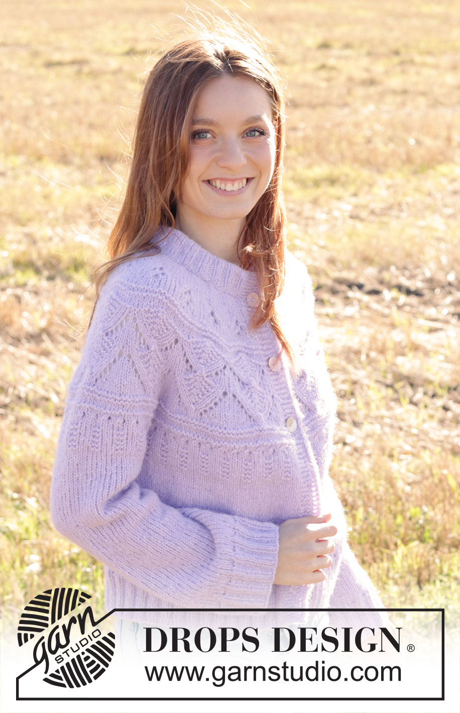 Lavender Harvest Cardigan / DROPS 250-36 - Knitted jacket in DROPS Air. The piece is worked top down with double neck, round yoke, lace-pattern and I-cord. Sizes S - XXXL.