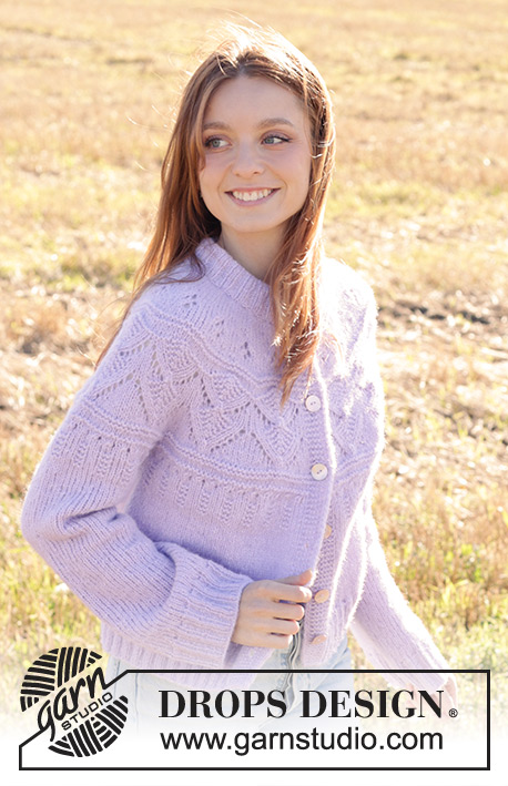 Lavender Harvest Cardigan / DROPS 250-36 - Knitted jacket in DROPS Air. The piece is worked top down with double neck, round yoke, lace-pattern and I-cord. Sizes S - XXXL.
