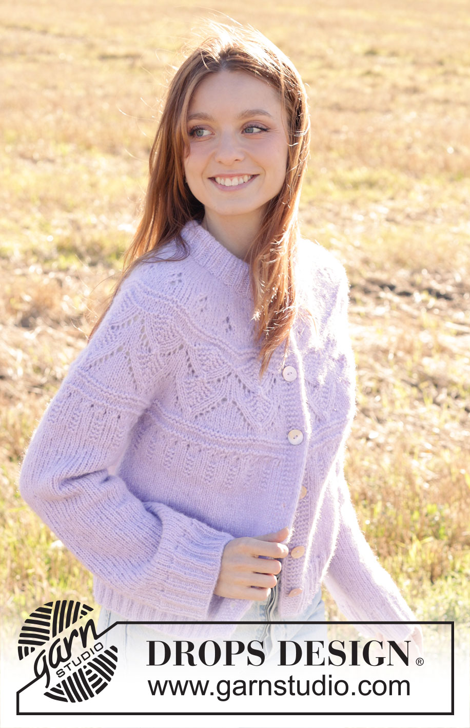 Lavender Harvest Cardigan / DROPS 250-36 - Knitted jacket in DROPS Air. The piece is worked top down with double neck, round yoke, lace-pattern and I-cord. Sizes S - XXXL.