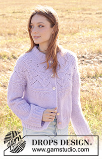 Lavender Harvest Cardigan / DROPS 250-36 - Knitted jacket in DROPS Air. The piece is worked top down with double neck, round yoke, lace-pattern and I-cord. Sizes S - XXXL.