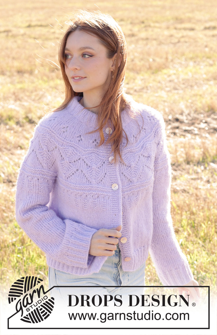 Lavender Harvest Cardigan / DROPS 250-36 - Knitted jacket in DROPS Air. The piece is worked top down with double neck, round yoke, lace-pattern and I-cord. Sizes S - XXXL.