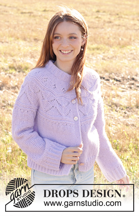 Lavender Harvest Cardigan / DROPS 250-36 - Knitted jacket in DROPS Air. The piece is worked top down with double neck, round yoke, lace-pattern and I-cord. Sizes S - XXXL.
