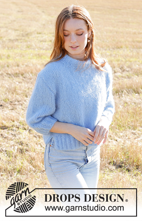 Painted Sky Sweater / DROPS 250-37 - Knitted jumper in DROPS Melody. The piece is worked bottom up with stocking stitch, split in sides, ¾-length sleeves and double neck. Sizes S - XXXL.
