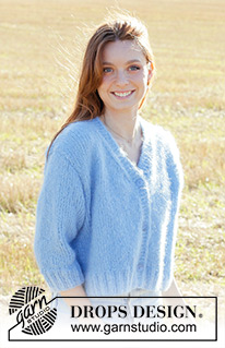 Painted Sky Cardigan / DROPS 250-38 - Propínací svetr s ¾ rukávy, V-výstřihem a dutinkou pletený lícovým žerzejem zdola nahoru z příze DROPS Melody. Velikosti S - XXXL.