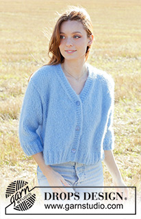 Painted Sky Cardigan / DROPS 250-38 - Propínací svetr s ¾ rukávy, V-výstřihem a dutinkou pletený lícovým žerzejem zdola nahoru z příze DROPS Melody. Velikosti S - XXXL.