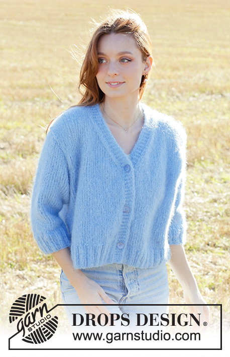 Painted Sky Cardigan / DROPS 250-38 - Propínací svetr s ¾ rukávy, V-výstřihem a dutinkou pletený lícovým žerzejem zdola nahoru z příze DROPS Melody. Velikosti S - XXXL.