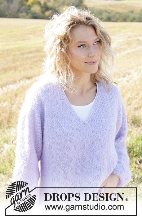 Spring Iris / DROPS 250-39 - Knitted jumper in DROPS Melody. Piece is knitted top down with European shoulder / diagonal shoulder, V-neck and I-Cord. Size XS – XXL.