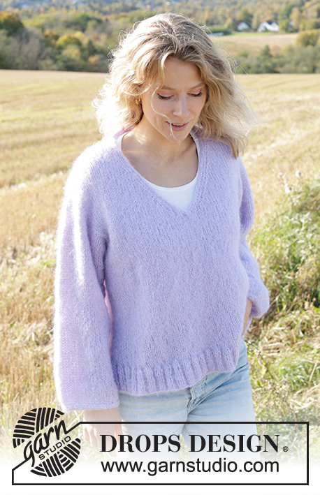 Spring Iris / DROPS 250-39 - Knitted jumper in DROPS Melody. Piece is knitted top down with European shoulder / diagonal shoulder, V-neck and I-Cord. Size XS – XXL.