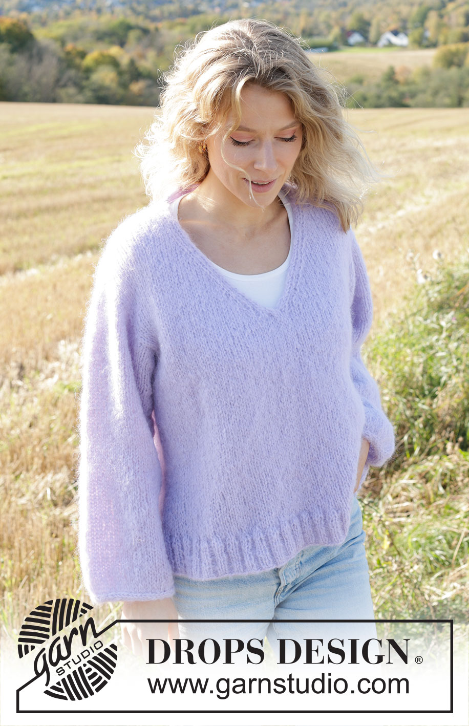Spring Iris / DROPS 250-39 - Knitted jumper in DROPS Melody. Piece is knitted top down with European shoulder / diagonal shoulder, V-neck and I-Cord. Size XS – XXL.
