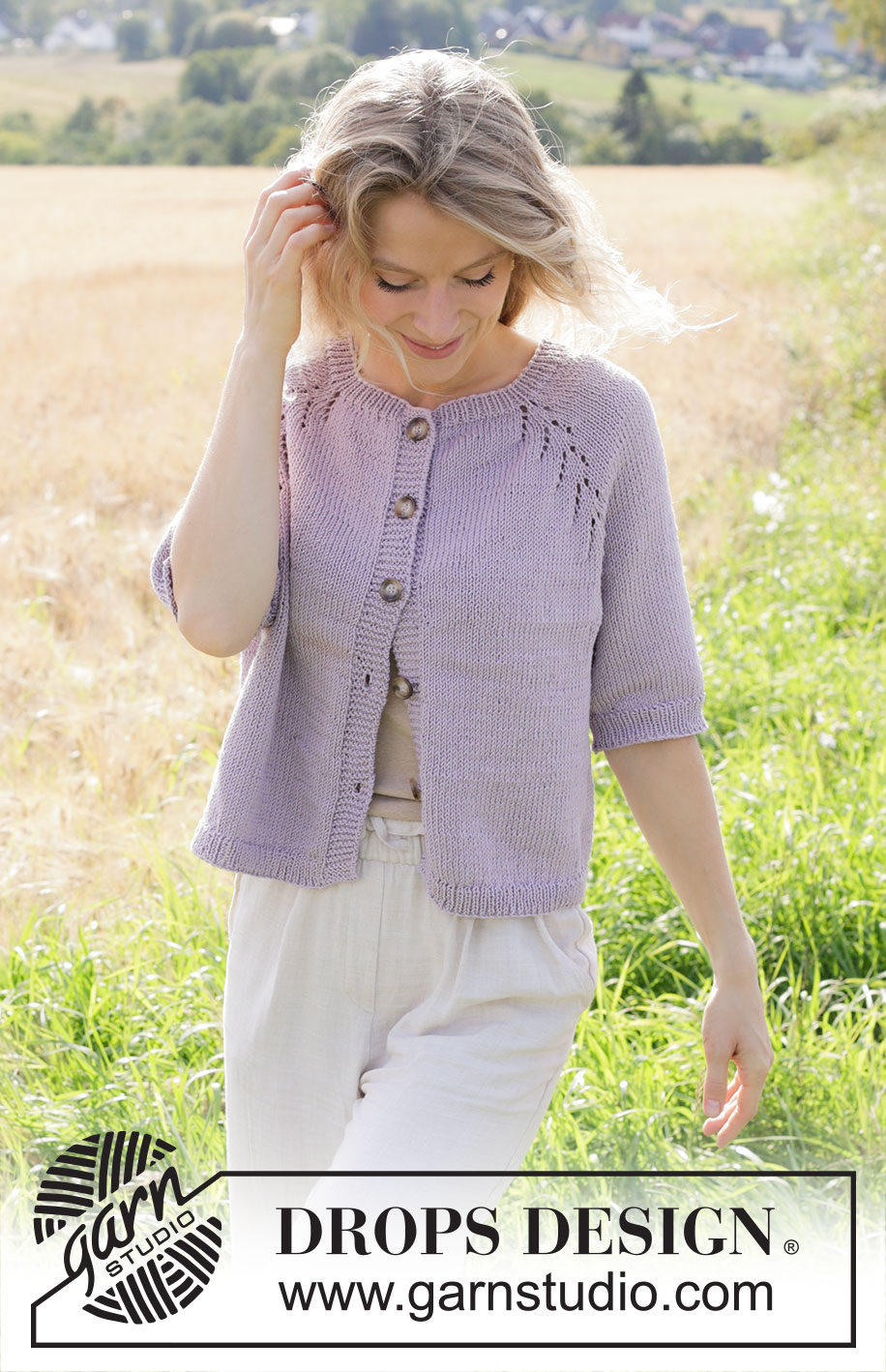 Orchid Tea Cardigan / DROPS 250-4 - Knitted jacket in DROPS Muskat. The piece is worked top down with raglan, lace pattern and short sleeves. Sizes S - XXXL.