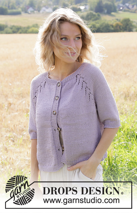 Orchid Tea Cardigan / DROPS 250-4 - Knitted jacket in DROPS Muskat. The piece is worked top down with raglan, lace pattern and short sleeves. Sizes S - XXXL.