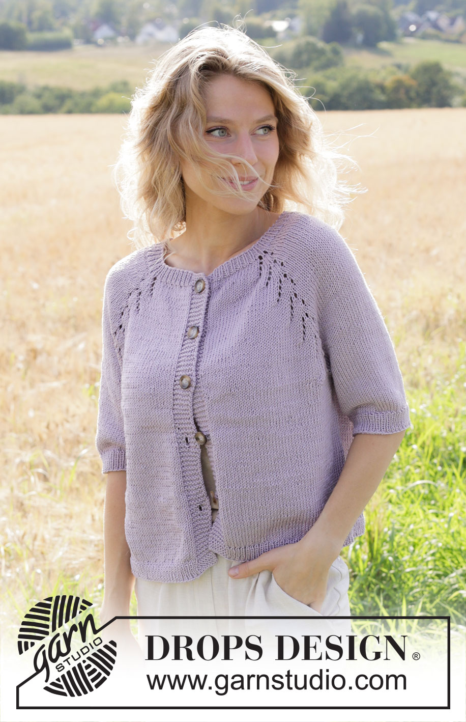 Orchid Tea Cardigan / DROPS 250-4 - Knitted jacket in DROPS Muskat. The piece is worked top down with raglan, lace pattern and short sleeves. Sizes S - XXXL.