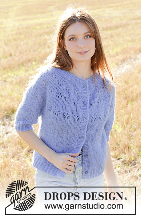 Floral Lake Cardigan / DROPS 250-40 - Gestrickte Jacke in DROPS Brushed Alpaca Silk. Die Arbeit wird von oben nach unten mit Rundpasse, Lochmuster, I-Cord und ¾ langen Ärmeln gestrickt. Größe S - XXXL.