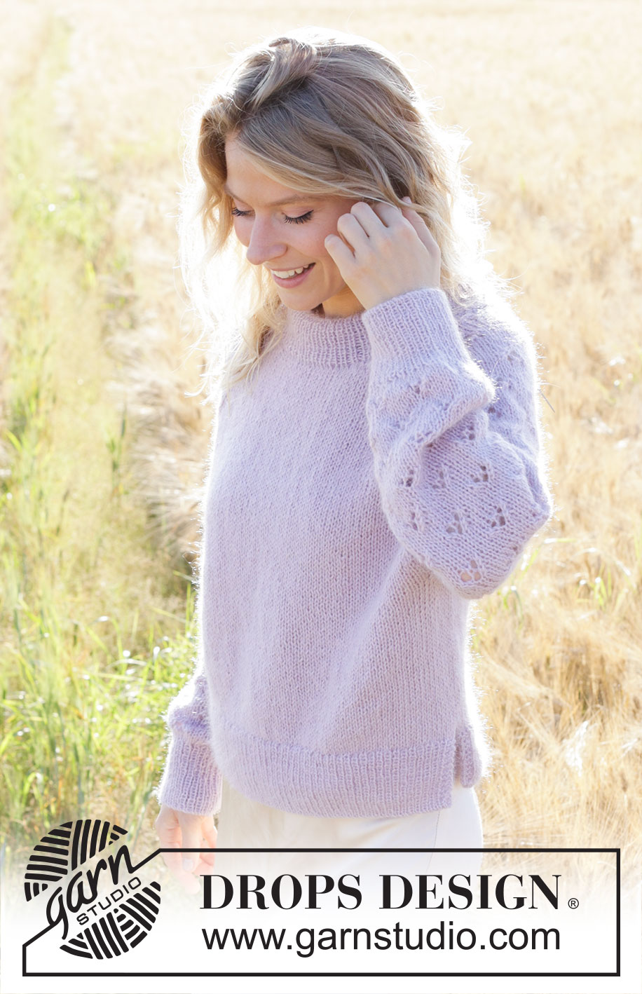 Afternoon in Provence / DROPS 250-5 - Knitted jumper in DROPS Alpaca and DROPS Kid-Silk. The piece is worked top down with double neck, raglan, lace pattern, balloon sleeves and split in sides. Sizes S - XXXL.