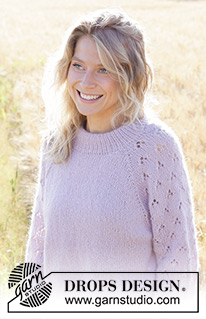 Afternoon in Provence / DROPS 250-5 - Knitted jumper in DROPS Alpaca and DROPS Kid-Silk. The piece is worked top down with double neck, raglan, lace pattern, balloon sleeves and split in sides. Sizes S - XXXL.