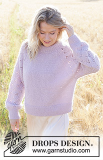 Afternoon in Provence / DROPS 250-5 - Knitted jumper in DROPS Alpaca and DROPS Kid-Silk. The piece is worked top down with double neck, raglan, lace pattern, balloon sleeves and split in sides. Sizes S - XXXL.