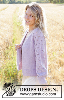 Afternoon in Provence Cardigan / DROPS 250-6 - Knitted jacket in DROPS Alpaca or DROPS Nord and DROPS Kid-Silk. Piece is knitted top down with V-neck, raglan, lace pattern, balloon sleeves and vents in the sides. Size: S - XXXL