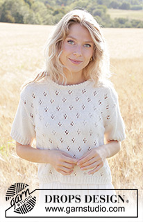 White Spring / DROPS 250-7 - Top lavorato ai ferri in DROPS Cotton Merino. Lavorato dall’alto in basso con motivo traforato e maniche corte. Taglie: XS – XXXL.