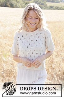 White Spring / DROPS 250-7 - Top lavorato ai ferri in DROPS Cotton Merino. Lavorato dall’alto in basso con motivo traforato e maniche corte. Taglie: XS – XXXL.