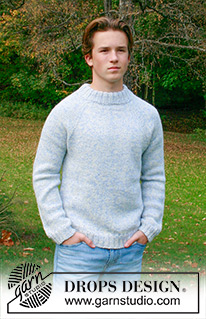Frosted Dawn / DROPS 251-10 - 2 DROPS Flora või 2 DROPS Alpaca lõngaga ülevalt alla parempidises koes kootud raglaan varrukatega ja topeltkaelusega meeste džemper suurustele S kuni XXXL