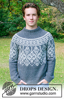 Midnight Frost / DROPS 251-11 - Maglione da uomo lavorato ai ferri in DROPS Lima. Lavorato dall’alto in basso, con sprone rotondo e motivo nordico. Taglie: S - XXXL.