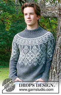 Midnight Frost / DROPS 251-11 - Maglione da uomo lavorato ai ferri in DROPS Lima. Lavorato dall’alto in basso, con sprone rotondo e motivo nordico. Taglie: S - XXXL.